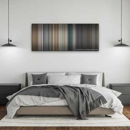 Scream color palette canvas above a bed, between two black pendant lamps