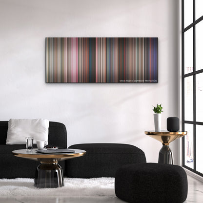 Mean Girls color palette canvas above a black sofa with a gold-topped table