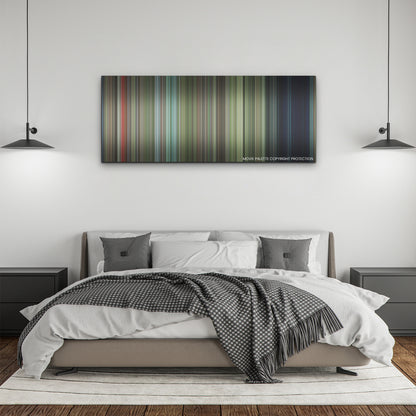 Cocaine Bear color palette canvas above a bed, between two black pendant lamps