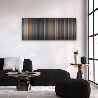 Boss Level color palette canvas above a black sofa with a gold-topped table