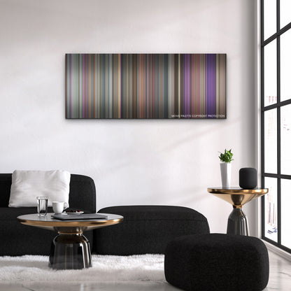 Quiz Lady color palette canvas above a black sofa with a gold-topped table