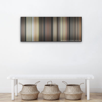Glass Onion color palette canvas above a white bench with three woven baskets