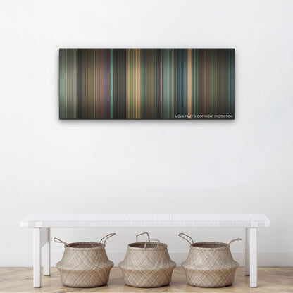 West Side Story color palette canvas above a white bench with three woven baskets