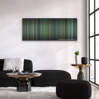 Joker: Folie à Deux color palette canvas above a black sofa with a gold-topped table