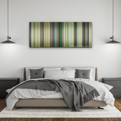 Asteroid City color palette canvas above a bed, between two black pendant lamps