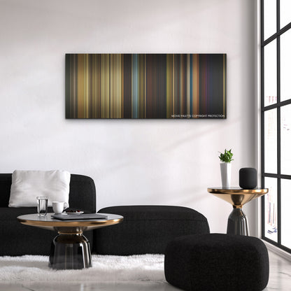Jungle Cruise color palette canvas above a black sofa with a gold-topped table