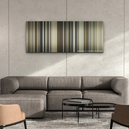 The Boys in the Boat color palette canvas on a concrete wall above a gray sectional sofa