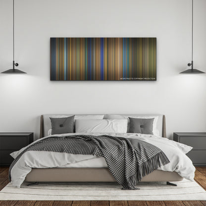 Spiral color palette canvas above a bed, between two black pendant lamps