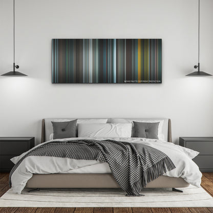 The Green Knight color palette canvas above a bed, between two black pendant lamps