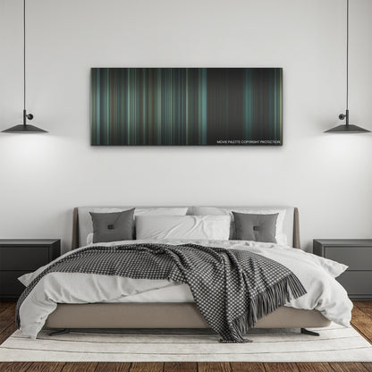 Paradise color palette canvas above a bed, between two black pendant lamps