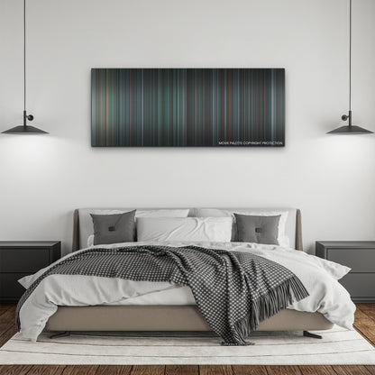 The Guilty color palette canvas above a bed, between two black pendant lamps
