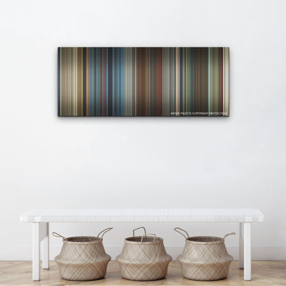 Red Notice color palette canvas above a white bench with three woven baskets