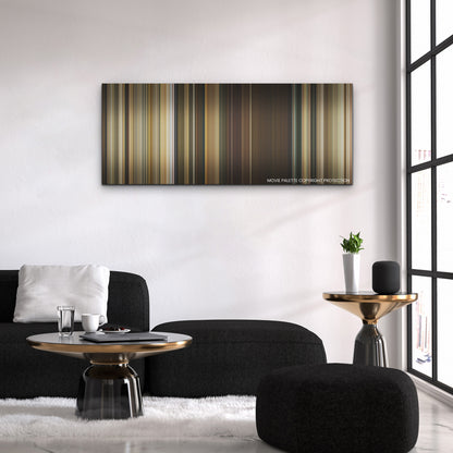 Don't Worry Darling color palette canvas above a black sofa with a gold-topped table