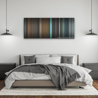 Talk to Me color palette canvas above a bed, between two black pendant lamps