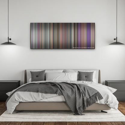 Quiz Lady color palette canvas above a bed, between two black pendant lamps