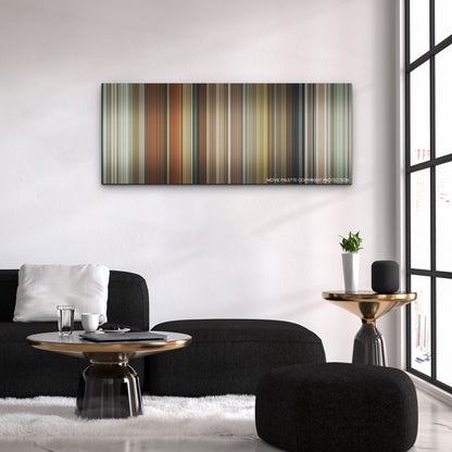 Spencer color palette canvas above a black sofa with a gold-topped table