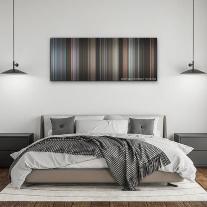 Smile color palette canvas above a bed, between two black pendant lamps