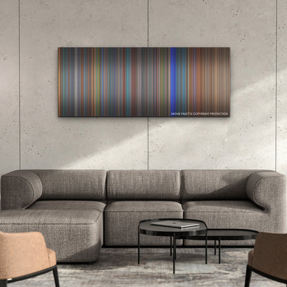 Bullet Train color palette canvas on a concrete wall above a gray sectional sofa