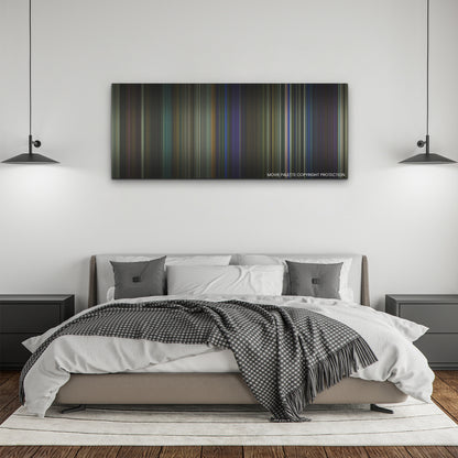 They Cloned Tyrone color palette canvas above a bed, between two black pendant lamps