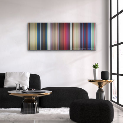 Migration color palette canvas above a black sofa with a gold-topped table
