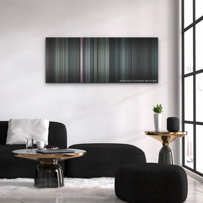 Stowaway color palette canvas above a black sofa with a gold-topped table