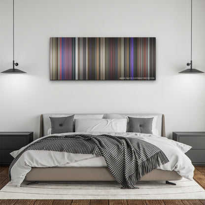 Marry Me color palette canvas above a bed, between two black pendant lamps
