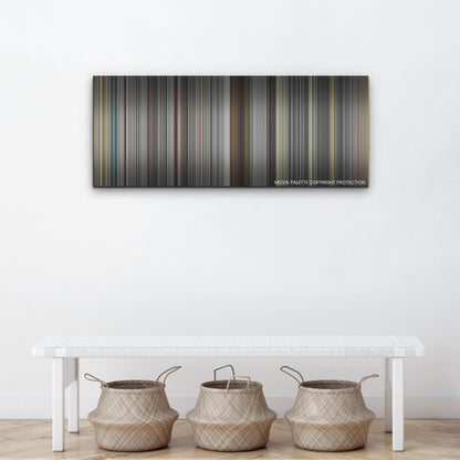 The French Dispatch color palette canvas above a white bench with three woven baskets