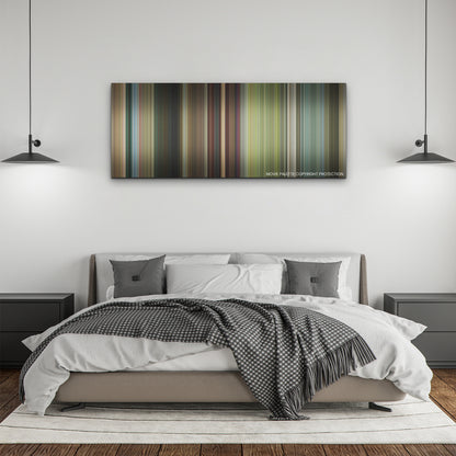 Brothers color palette canvas above a bed, between two black pendant lamps