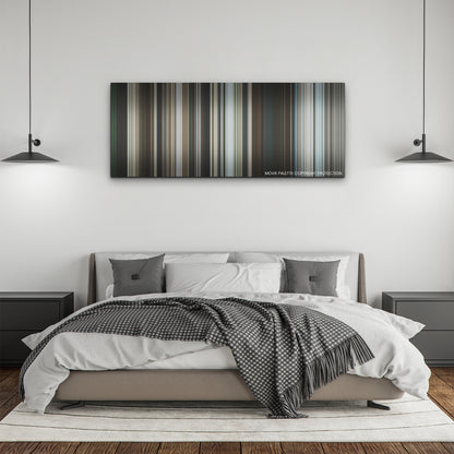 Road House color palette canvas above a bed, between two black pendant lamps