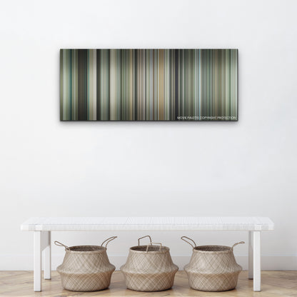 Guy Ritchie's the Covenant color palette canvas above a white bench with three woven baskets