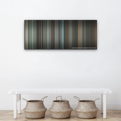 Riders of Justice color palette canvas above a white bench with three woven baskets