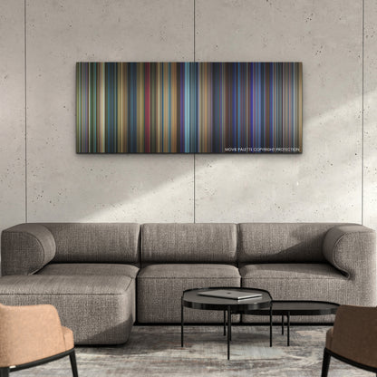 Godzilla vs. Kong color palette canvas on a concrete wall above a gray sectional sofa