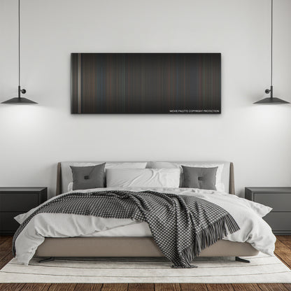 Evil Dead Rise color palette canvas above a bed, between two black pendant lamps
