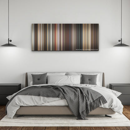 Licorice Pizza color palette canvas above a bed, between two black pendant lamps