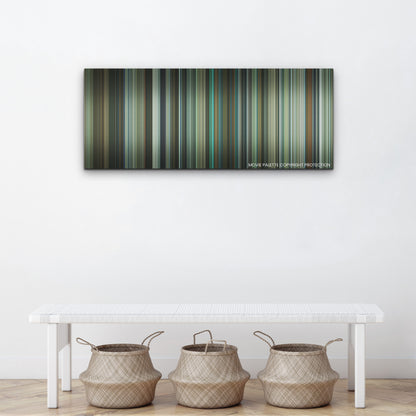 Deep Water color palette canvas above a white bench with three woven baskets