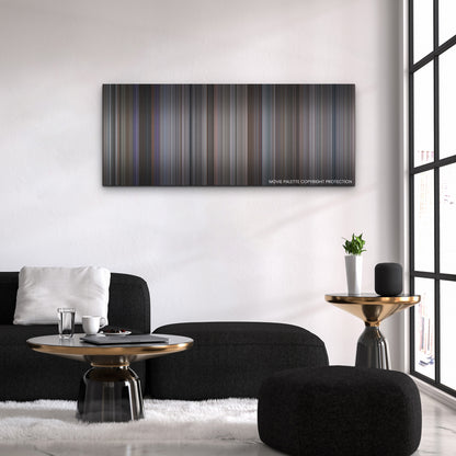 Gran Turismo color palette canvas above a black sofa with a gold-topped table