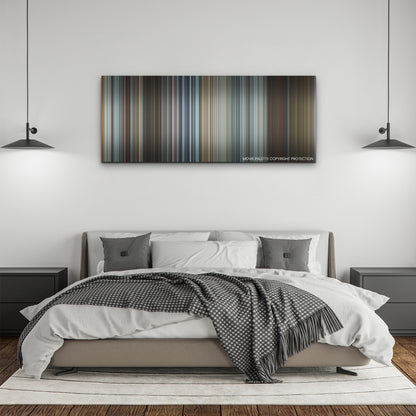 Extraction II color palette canvas above a bed, between two black pendant lamps