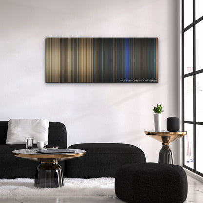Texas Chainsaw Massacre color palette canvas above a black sofa with a gold-topped table