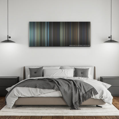 Insidious: The Red Door color palette canvas above a bed, between two black pendant lamps