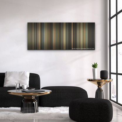 Ferrari color palette canvas above a black sofa with a gold-topped table