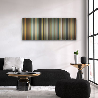American Fiction color palette canvas above a black sofa with a gold-topped table