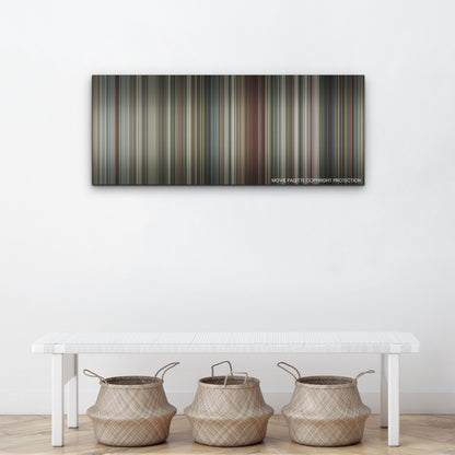 Black Mirror: Bandersnatch color palette canvas above a white bench with three woven baskets