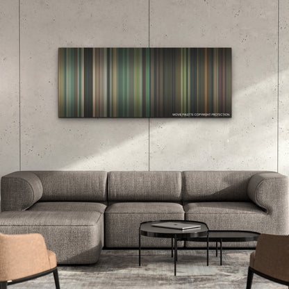 Madame Web color palette canvas on a concrete wall above a gray sectional sofa