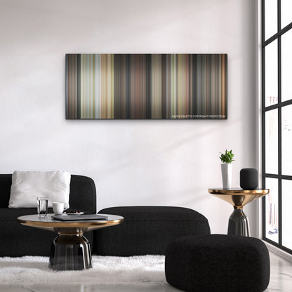 Glass Onion color palette canvas above a black sofa with a gold-topped table