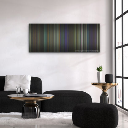 They Cloned Tyrone color palette canvas above a black sofa with a gold-topped table