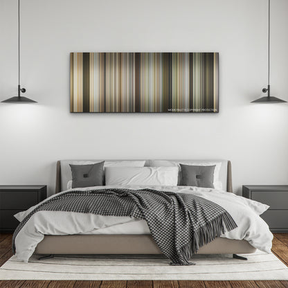 The Marksman color palette canvas above a bed, between two black pendant lamps