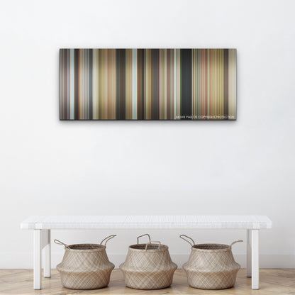 Ticket to Paradise color palette canvas above a white bench with three woven baskets