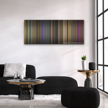 Monkey Man color palette canvas above a black sofa with a gold-topped table