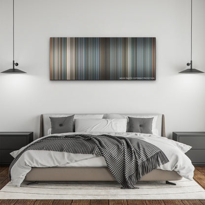 Tetris color palette canvas above a bed, between two black pendant lamps