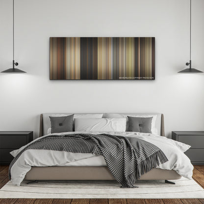 The Unbearable Weight of Massive Talent color palette canvas above a bed, between two black pendant lamps
